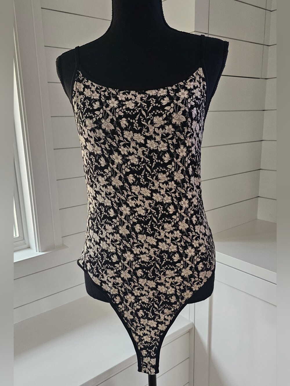 About A Girl Black Floral Slim Tank Bodysuit with White Flowers